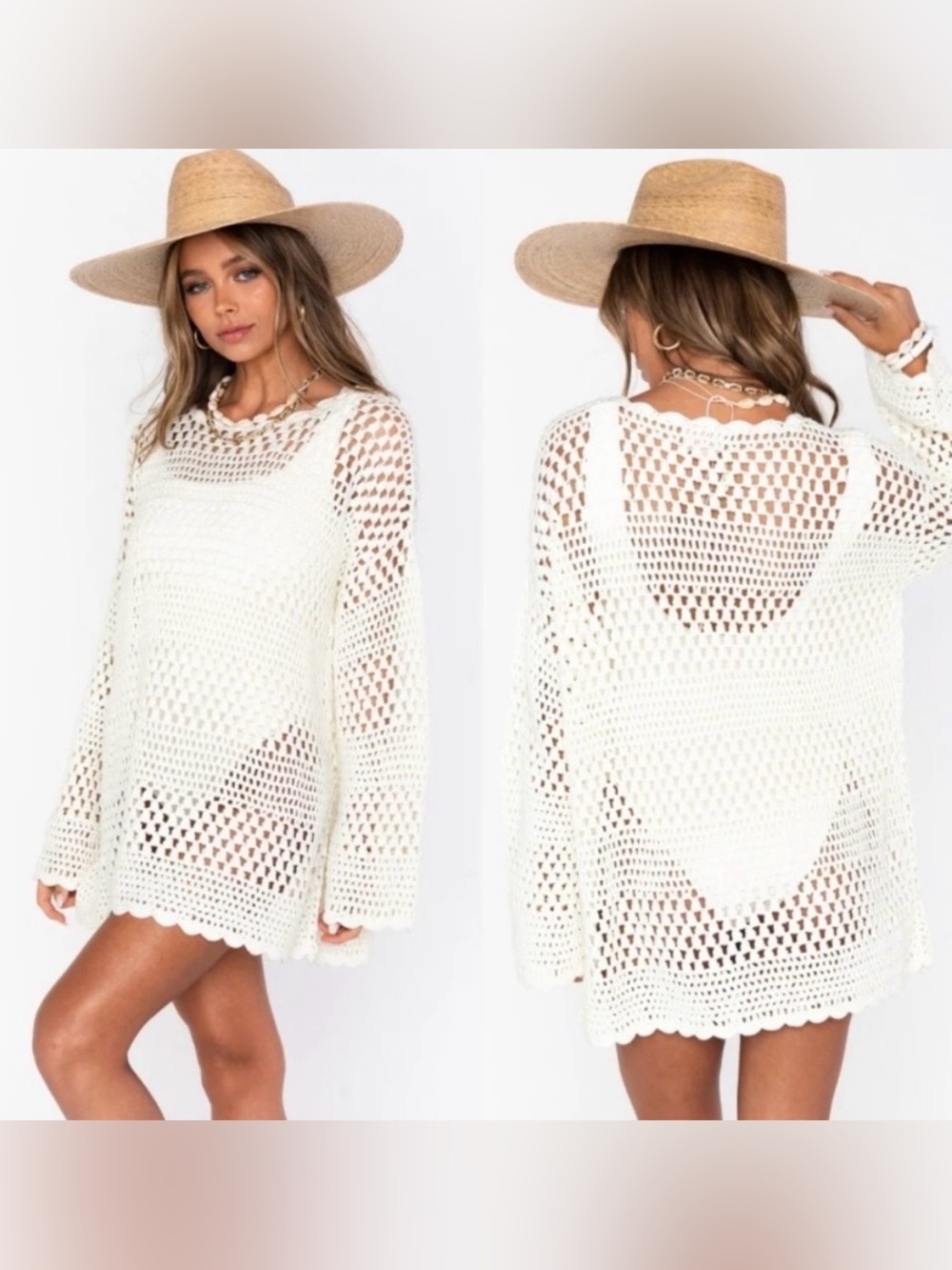 Show Me Your MUMU Cover Up Sweater Paula Pullover White Crochet Beach Vacation L - Picture 2 of 11